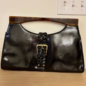 Tommy Hilfiger Large Black Patent Clutch with Gold Hardware